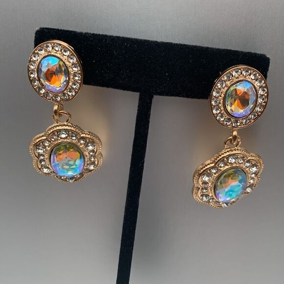 Stunning Vintage Aurora Borealis Glass cabochon drop earrings, Unmarked - Picture 1 of 5